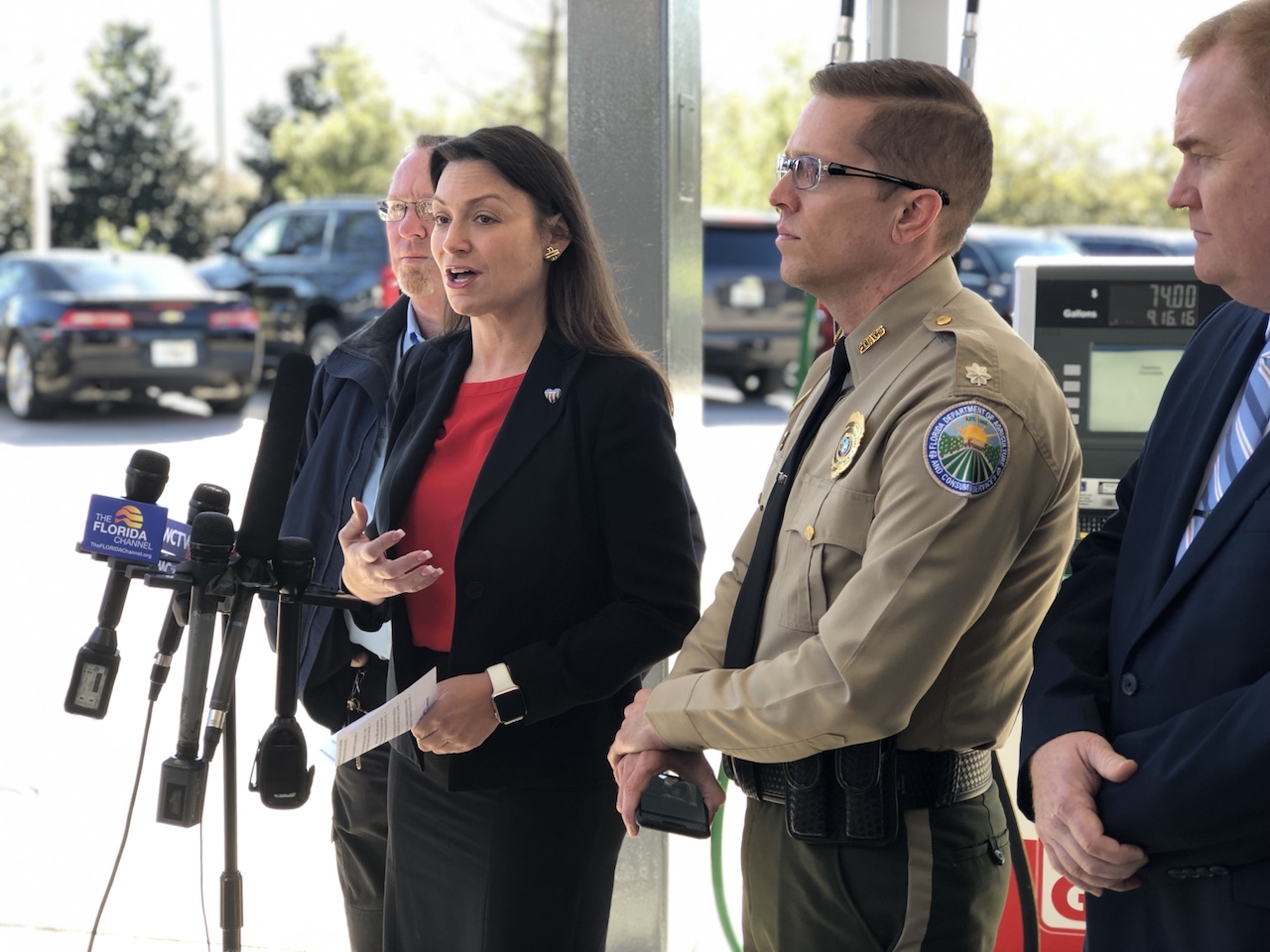 Commissioner Nikki Fried speaks at the pump skimmer inspection event highlighting National Consumer Protection Week on Wednesday, March 6, 2019