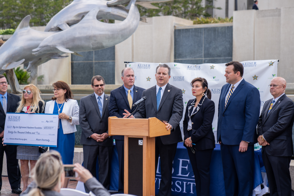 CFO Jimmy Patronis speaks at the presentation of a $50,000 to Volunteer Florida’s Florida Disaster Fund and the Bay Law Enforcement Assistance Fund (BLEAF) for Hurricane Michael recover efforts. The money was raised by Keiser University students, staff and faculty over the past six months.