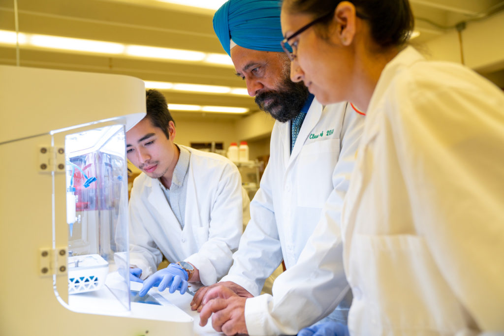 (From left) Research assistant Paul Dinh, Professor Mandip Sachdeva and doctoral student Shallu Kutlehria