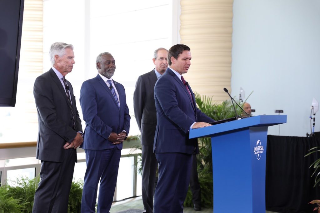 Governor Ron DeSantis, joined by Universal Parks CEO Tom Williams, Orange County Mayor Jerry Demings and Comcast CEO Brian Roberts, announces new theme park.