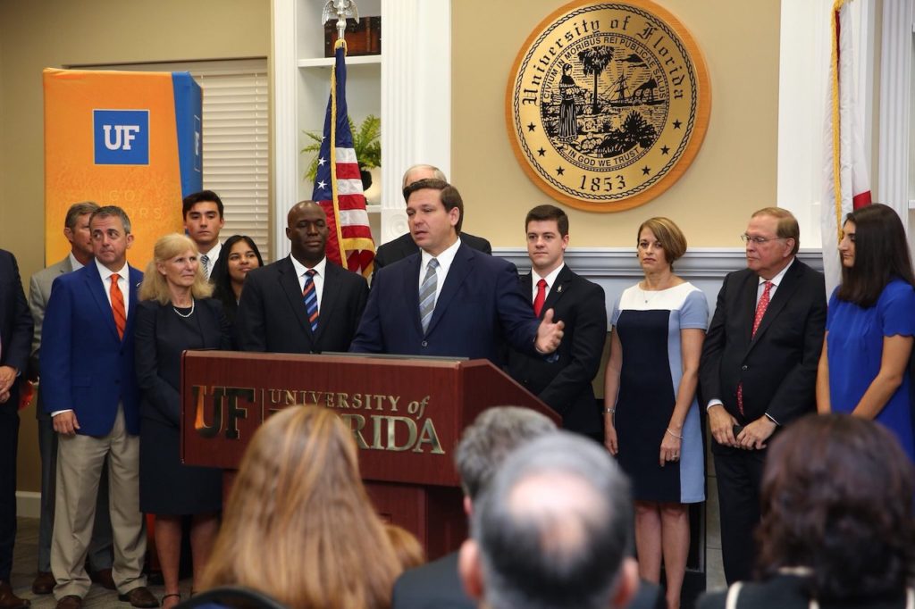 Photograph of Governor Ron DeSantis making his announcement at the University of Florida on Monday, September 9, 2019.