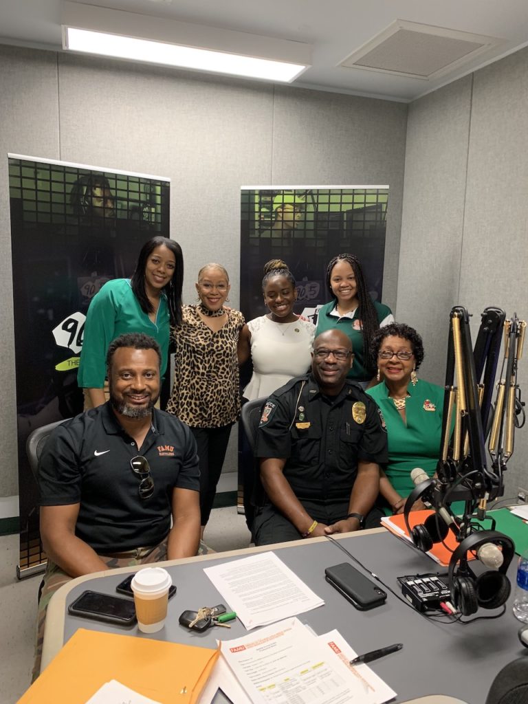 Front- L- R Will Cannon of Danzy Bail Bonds, FAMU Police Chief Terence M. Calloway, and host Patricia Green-Powell, Ph.D., MMERI interim executive director, and co-host Angela Hardiman (far left) following the taping of a recent episode of MMERI Forum Radio.