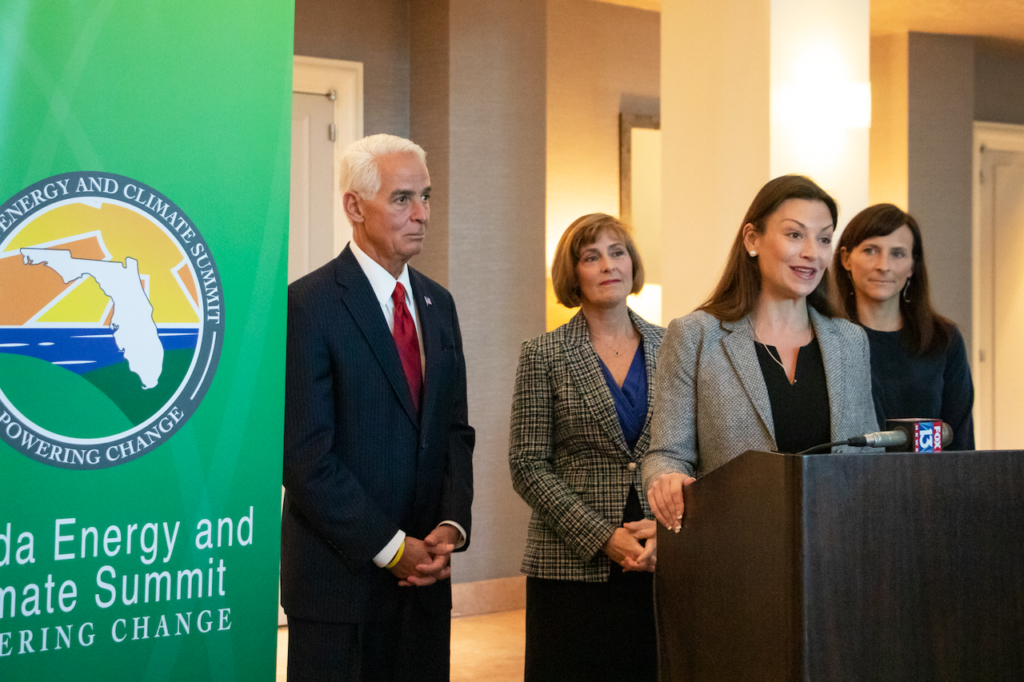 Photograph of Commissioner Nikki Fried speaking Speaking at press conference in Tampa.