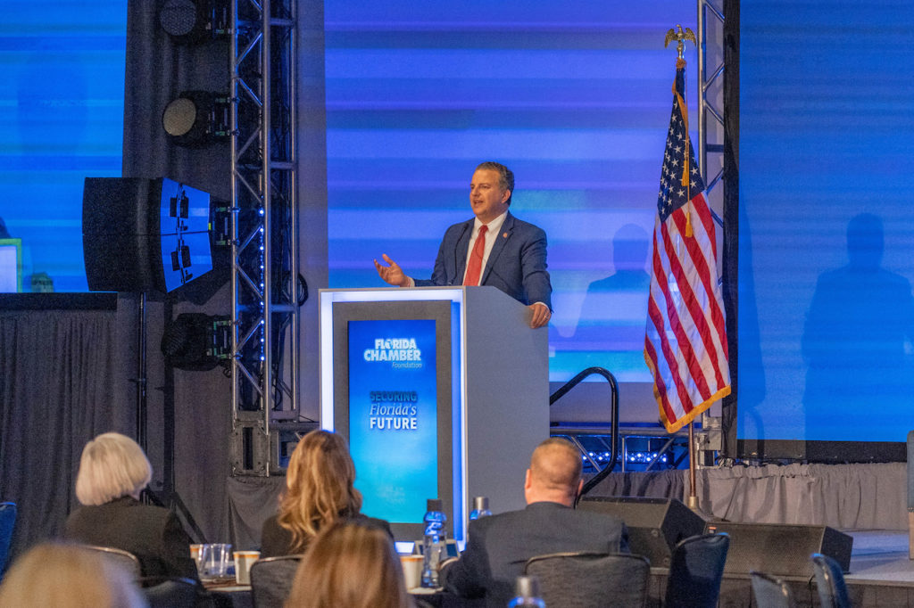 CFO Jimmy Patronis speaks to attendees at the Florida Chamber Foundation's Future of Florida Forum.