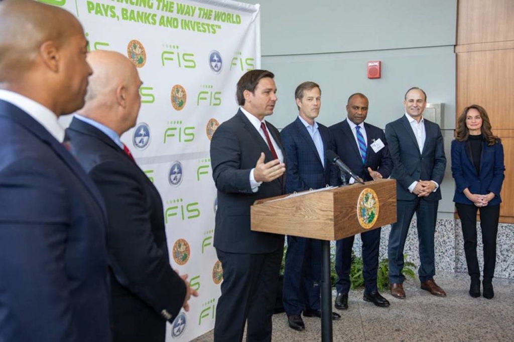 Governor Ron DeSantis makes announcement about FIS opening new world headquarters in Jacksonville, Florida.