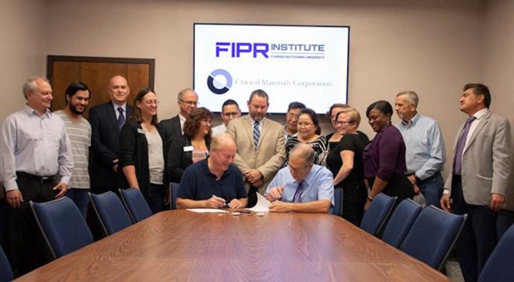 Leaders from Critical Materials Corporation and the Florida Industrial and Phosphate Research Institute signed an agreement Nov. 1 to pursue research to develop new sources of rare earth elements, which are used in the production of high-tech goods.