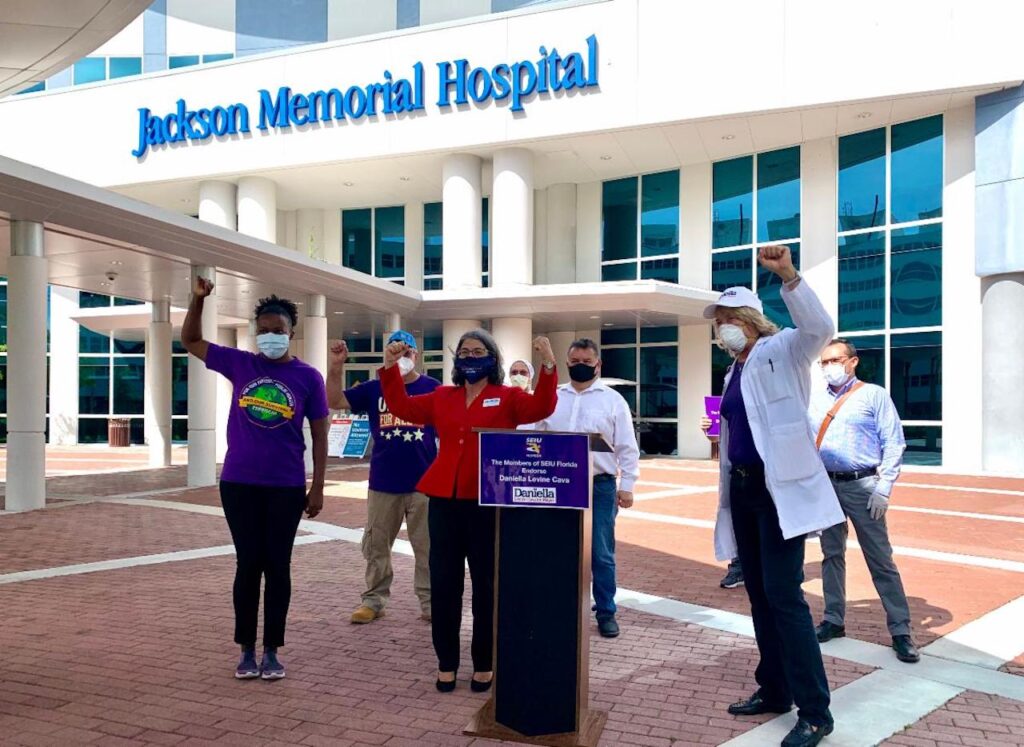 SEIU announces endorsement in front of Jackson Memorial Hospital.