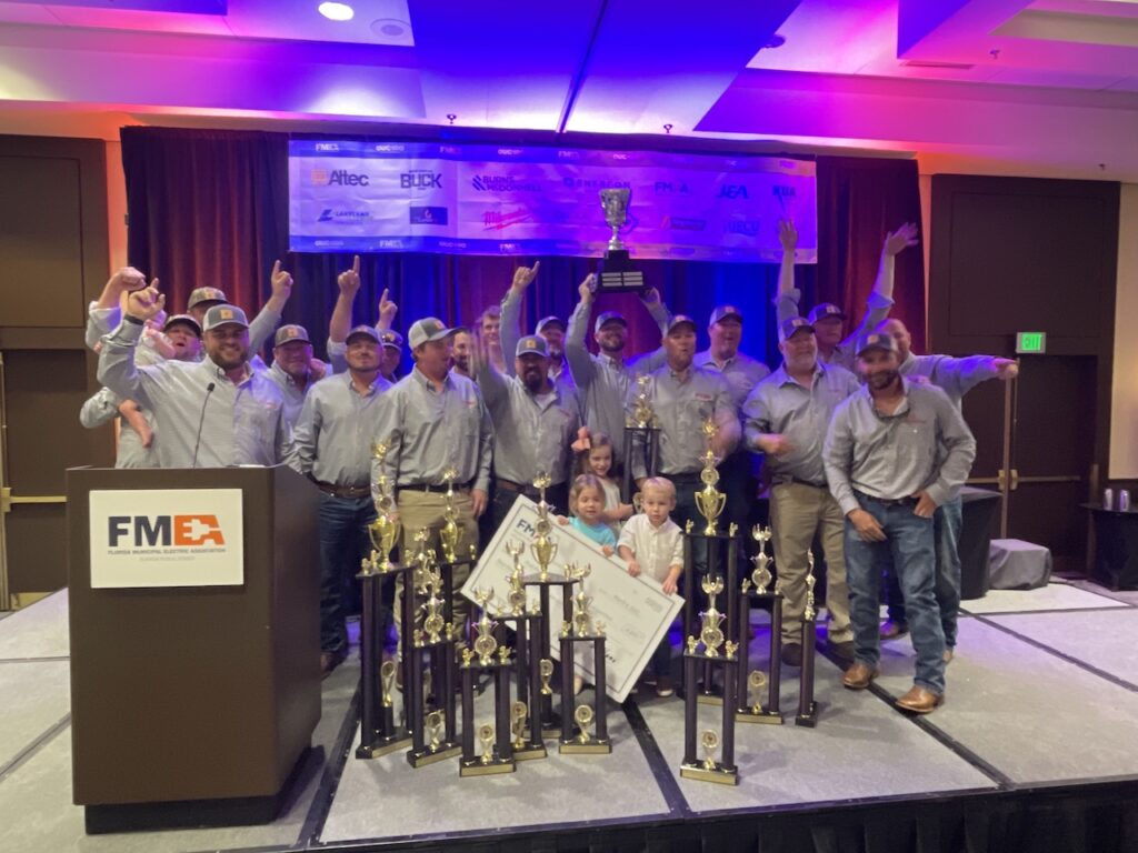 Pictured are all 2023 Florida Lineman Competition winners from the City of Tallahassee, including the 2023 Overall Journeyman Team Winners Cup was presented to Blake Burns, Mike Patterson and Mike Gramling.