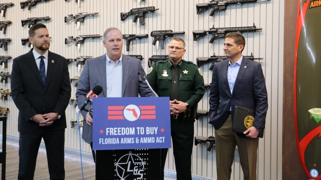 Commissioner Simpson announcing the Florida Arms and Ammo Act legislation with Rep. Snyder, Sheriff Ivey and Senator Burgess in Titusville, Florida on January 10, 2023